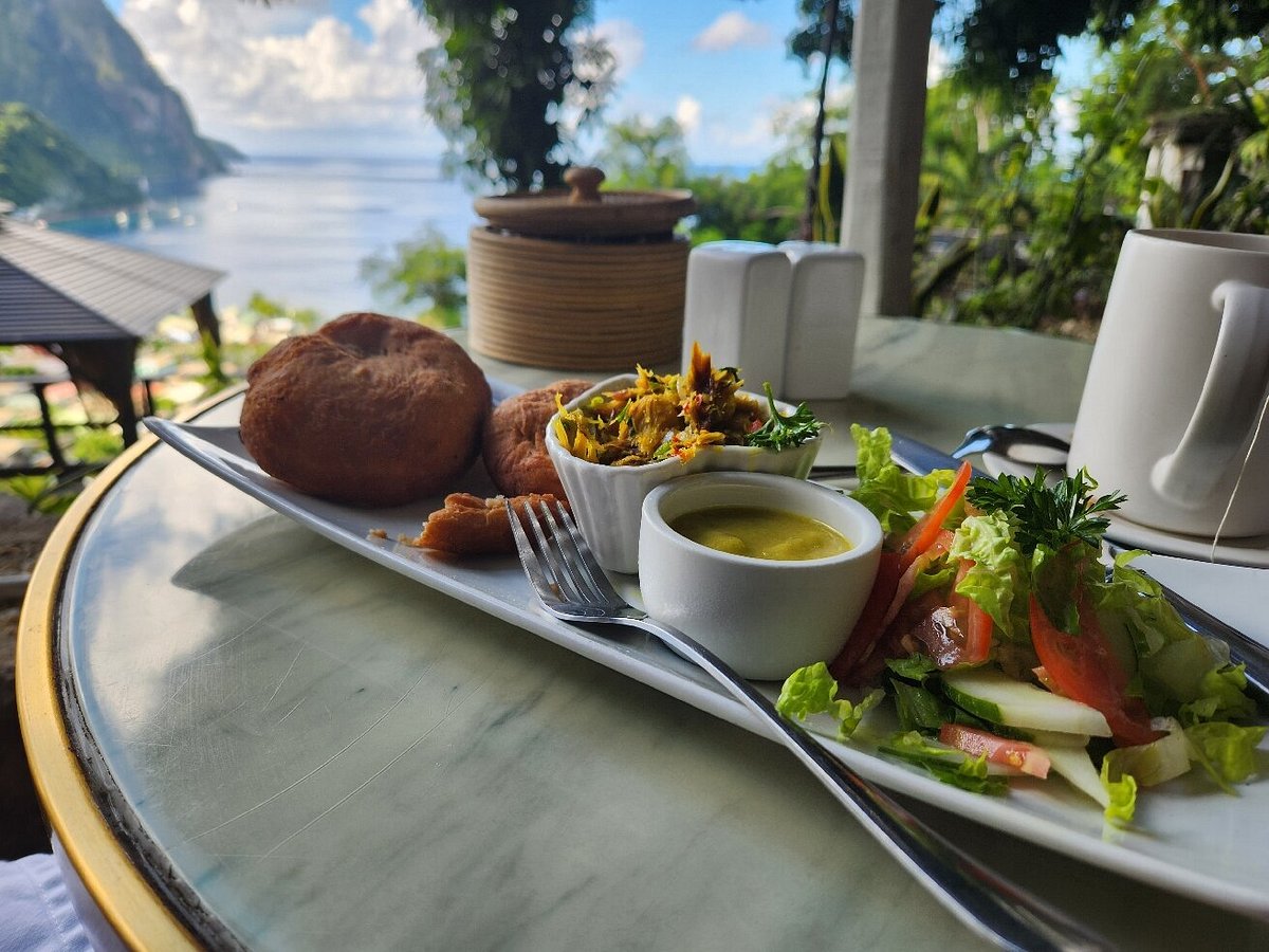 Breakfast plate on the terrace at Saltfish Restaurant