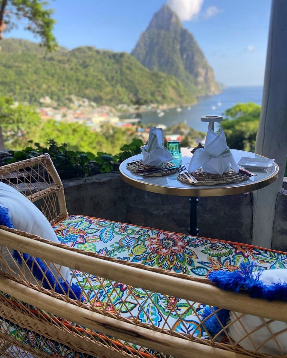 A table set with a view of the Pitons
